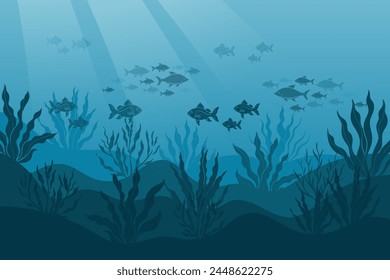 Underwater ocean landscape, algae and reefs, silhouette of a school of fish. Seabed background with ocean flora and fauna, corals, silhouettes of sea animals. Vector