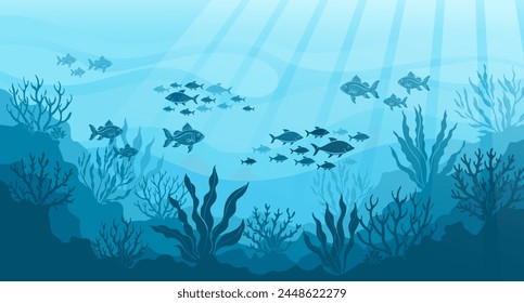 Underwater ocean landscape, algae and reefs, silhouette of a school of fish. Seabed background with ocean flora and fauna, corals, silhouettes of sea animals. Vector