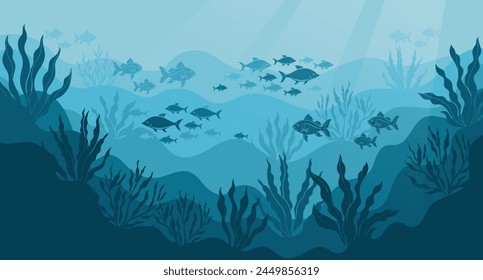 Underwater ocean landscape, algae and reefs, silhouette of a school of fish. Seabed background with ocean flora and fauna, corals, silhouettes of sea animals. Vector