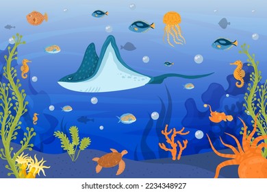 Underwater ocean life, cartoon fish at sea nature with corals, vector illustration. Tropical reef with wild animals, seaweed at deep bottom.