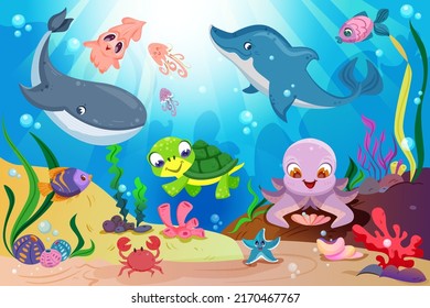 Vida submarina con bonitos animales marinos, coloridos peces tropicales, ballenas, delfines y arrecifes de coral con plantas marinas. Paisaje submarino con divertidas tortugas, pulpo, pez estrella, calamar y cangrejo, algas marinas