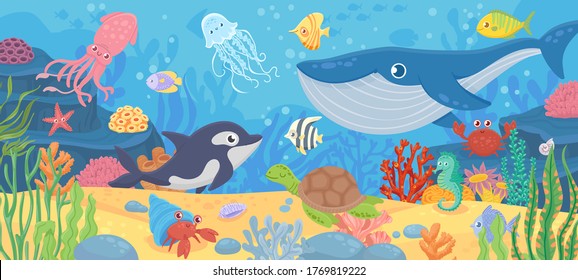 Underwater Ocean Life. Dolphin, Exotic Fishes And Crab, Squid. Bottom Seaweeds, Sea Turtle And Marine Reef Animals. Cartoon Vector Seascape With Reef And Sea Animal Tropical Illustration