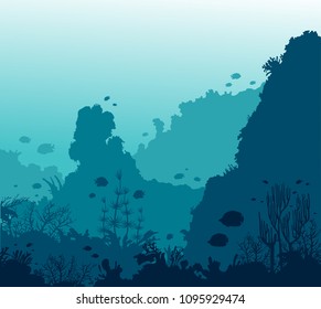 Underwater ocean life - silhouette of coral reef and fishes on a blue sea background. Vector seascape illustration.