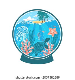Underwater ocean life in the snow globe. Hand drawn vector illustration with animals and plants