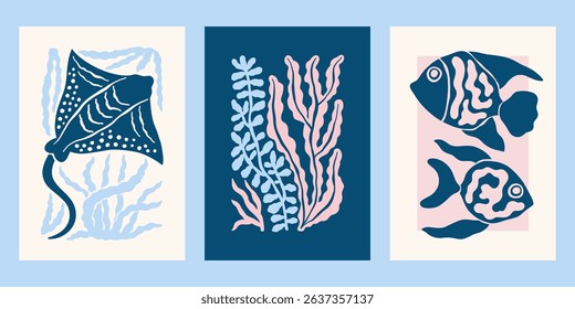 Underwater ocean life vector posters set. Minimalist retro sea print designs with fishes, stingray, seaweeds, corals illustrations