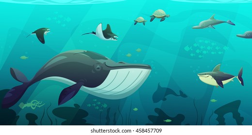 Underwater ocean live aquamarine flat abstract banner with shark squid fish turtles and seaweeds flat vector illustration 