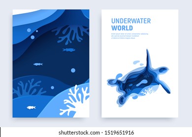 Underwater ocean paper art banner set. Paper cut underwater banner set with turtle silhouette, fish, wave and coral reefs. Save the ocean concept. Craft vector illustration