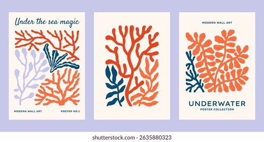 Underwater ocean plants vector posters set. Minimalist retro sea print designs with seaweeds, corals, floral illustrations