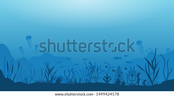 Underwater ocean scene. Deep blue\
water, coral reef and underwater plants with fish, jellyfish.\
Marine water life and ground with rocks. Modern flat wide\
illustration.