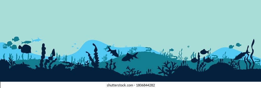 Underwater ocean scene. Silhouette of fish and algae on the background of reefs. a beautiful underwater scene; a vector seascape with reef.