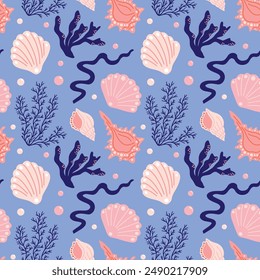 Underwater ocean and sea shells seamless vector pattern with seashells, plants, coral, seaweed, algae, abstract colorful cartoon funky groovy illustration for wrapping paper, wallpaper decoration 