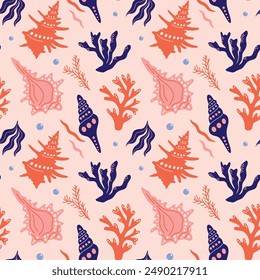 Underwater ocean and sea shells seamless vector pattern with seashells, plants, coral, seaweed, algae, abstract colorful cartoon funky groovy illustration for wrapping paper, wallpaper decoration 