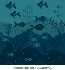 Underwater ocean seascape pixel background . Coral reef and fish and algae. Underwater plants and marine life. Vector illustration