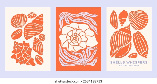 Underwater ocean shells vector posters set. Minimalist retro print designs with seashells illustrations