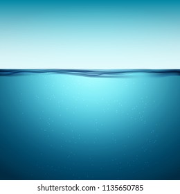 Underwater ocean surface. Blue water background. Clean nature sea underwater backdrop.