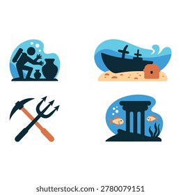 Underwater ocean treasure hunt diving icons set with shipwreck and tools