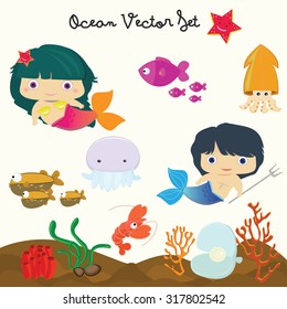 Underwater & Ocean vector set,Kid's elements ,Cute sea creatures set,Seaweed and starfish,Mermaid,Merman,Octopus,Baby Sirens.