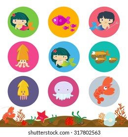 Underwater & Ocean vector set,Kid's elements ,Cute sea creatures set,Seaweed and starfish,Mermaid,Merman,Octopus,Baby Sirens.