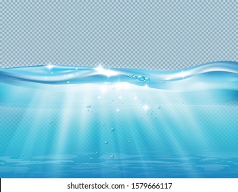 Underwater ocean wave realistic composition with pure water bubbles and sunbeams on transparent background vector illustration