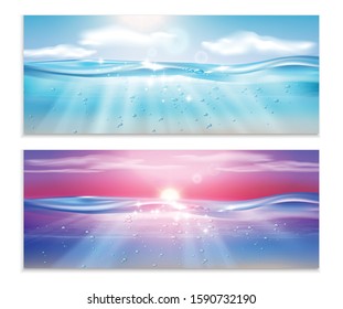 Underwater ocean wave realistic set of two horizontal banners with open sea landscapes with sky and sunbeams vector illustration