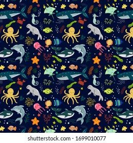 Underwater Ocean Wildlife Pattern. Different animals and fishes living in the sea. Ocean Day art.