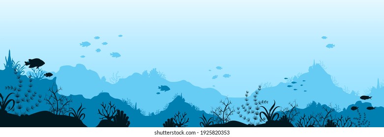 Underwater ocean world background. Black silhouettes swimming sea fish with blue outlines corals and vector plants.