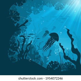 Fondo mundial submarino del océano. Siluetas negras nadando peces marinos con corales de contorno azul y plantas vectoriales.