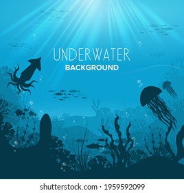 Underwater ocean world background. Black silhouettes swimming sea fish with blue outlines corals and vector plants.