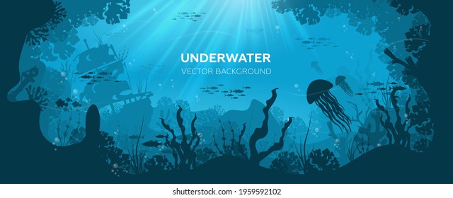 Underwater ocean world background. Black silhouettes swimming sea fish with blue outlines corals and vector plants.