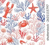 Underwater ocean world seamless pattern. Lobster, crab, shrimp, starfish, coral reefs wallpaper.	