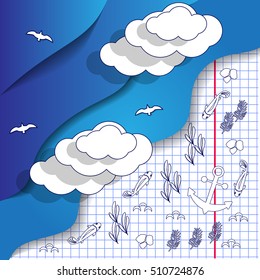 Underwater on a sheet in a cage. View from above. Vector illustration.
