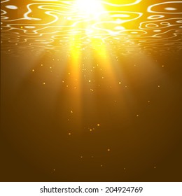 Underwater orange background with sun rays. Editable vector background