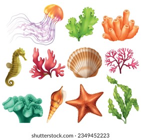 Underwater organism realistic set of jellyfish seashell algae coral starfish seaweed isolated vector illustration