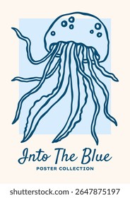 Underwater outline jellyfish vector illustration. Minimalist retro sea poster design with ocean creature on blue background