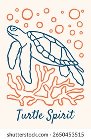 Underwater outline sea turtle vector illustration. Minimalist retro sea poster design with ocean animal and corals