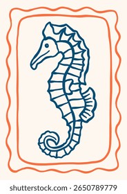 Underwater outline seahorse vector illustration. Minimalist retro sea poster design with ocean creature in whimsical frame