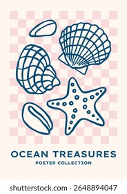Underwater outline seashells and starfish vector illustration. Minimalist retro sea poster design with ocean shells on checkered background