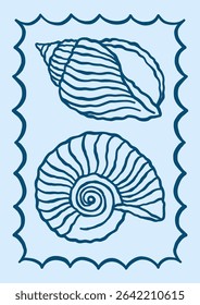 Underwater outline seashells vector illustration. Minimalist retro poster design with ocean shells in whimsical frame