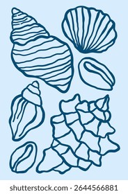 Underwater outline seashells vector illustration. Minimalist retro poster design with ocean shells