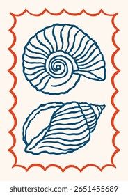 Underwater outline seashells vector illustration. Minimalist retro sea poster design with ocean shells in whimsical frame