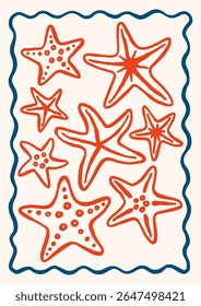 Underwater outline starfishes vector illustration. Minimalist retro sea poster design with ocean stars in whimsical frame