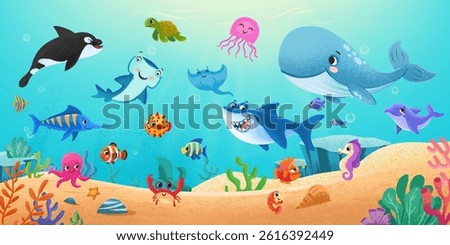 underwater panorama background with all sea animals and fish