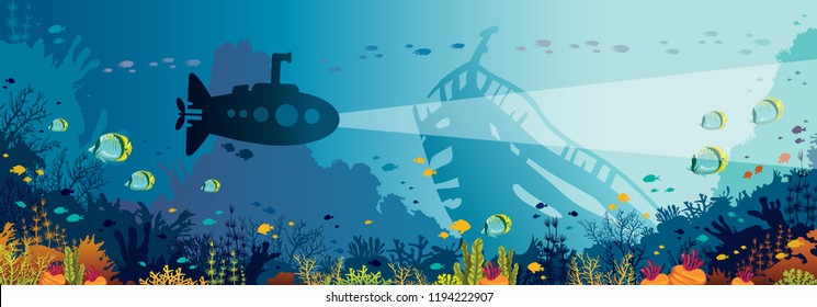 Underwater panoramic seascape with silhouette of submarine, colorful coral reef, fishes and sunken ship. Natural vector illustration and marine life.