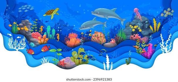 Paisaje de papel subacuático cortado con delfines, tortugas, algas marinas y bancos de peces. Escena de animales y plantas marinos, fondo de vectores de vida acuática oceánica con animales, corales y algas marinas de fauna silvestre de los fondos marinos