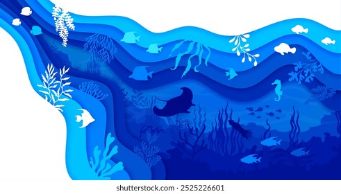 Underwater paper cut landscape featuring a variety of marine life inside of layered 3d vector frame with blue ocean or sea depth, teeming with fish, seaweed, stingray, squid and coral reef silhouettes