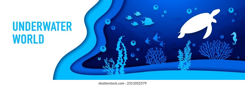 Paisaje de papel subacuático, tortuga marina, algas marinas y calzado de peces en papel vector. Mundo submarino en capas de papel recortadas de olas oceánicas o marinas con silueta de tortuga, caballito de mar y delfines