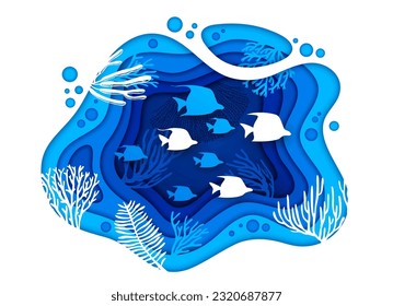 Underwater paper cut landscape with sea fish shoal silhouette, vector undersea world background. Sea or ocean coral reef fishes and seaweed in papercut or cutout paper layers of underwater landscape