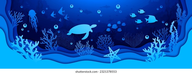 Underwater paper cut, sea landscape with turtle and jellyfish, seaweeds and fish shoal, vector silhouette papercut. Undersea world or ocean coral reef landscape in paper cutout layers background