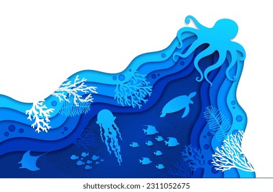 Paisaje de silueta de papel subacuático cortado, pulpo y algas marinas, caldo de pescado y hebilla en papel vector. Tortugas submarinas y corales con peces tropicales, tortugas y medusas en capas de papel cortadas