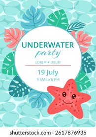 Underwater party invitation with a cheerful starfish, tropical leaves, and a blue background. Ideal for summer or beach themed events. Vector illustration